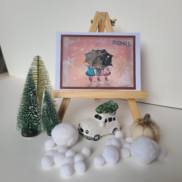 Carte de Noël  - 3 enfants sous un parapluie