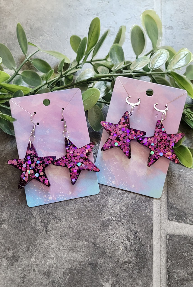 Earrings | Purple Star - Pink &amp; Purple Holographic Glitter Star Earrings| Stainless Steel Hooks or Hoops