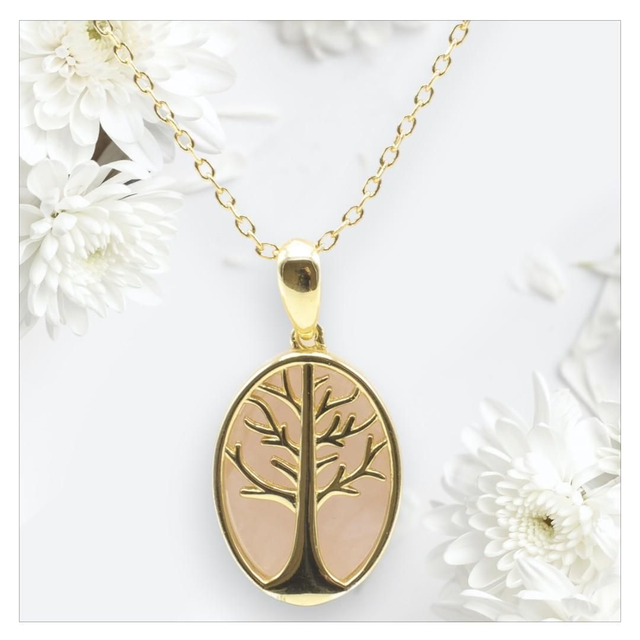 "Quartz rose" - Collier argent 925 arbre de vie 