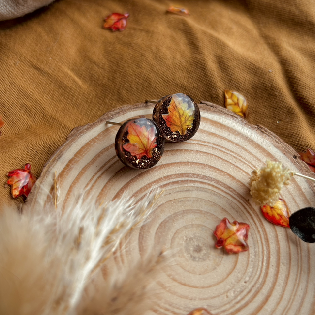 Autumn Leaf Stud Earrings - Deep Bronze, Copper and Red