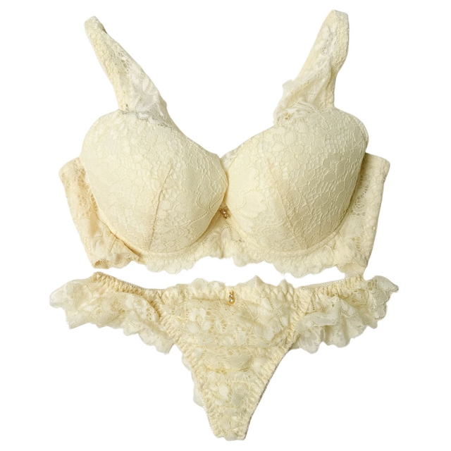 Cream/ butter yellow lace halter style Japanese Bra + Underwear Set UK 32DD