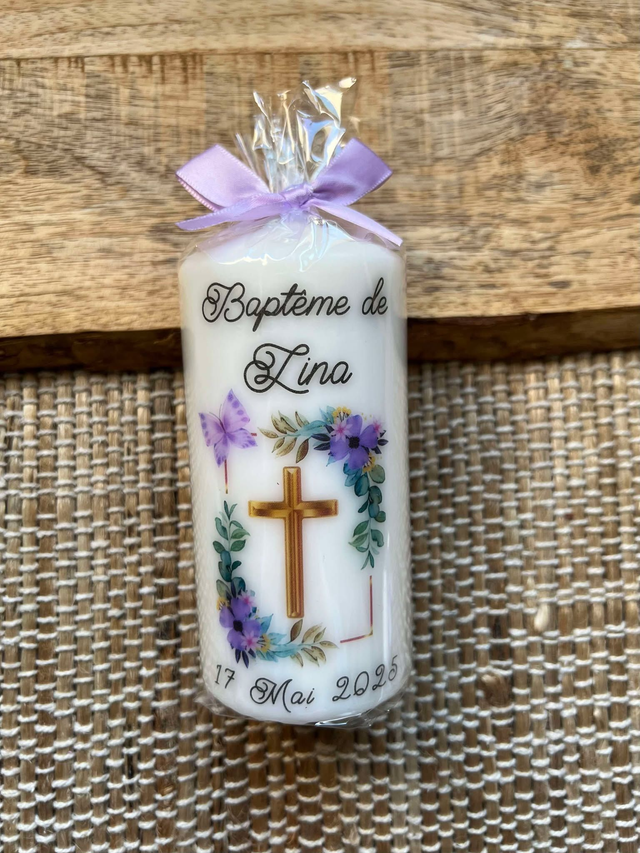 Bougie baptême, communion, couronne papillons, cadre floral papillon et croix