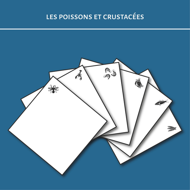 lot de deux serviettes de table "poissons et crustacées", 40X40 cm, lin et coton