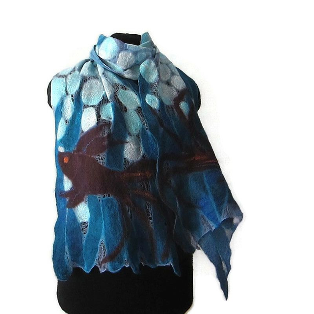Sciarpa d&#039;arte lana merino infeltrita Sciarpa turchese blu feltro fatto a mano Donne sciarpa