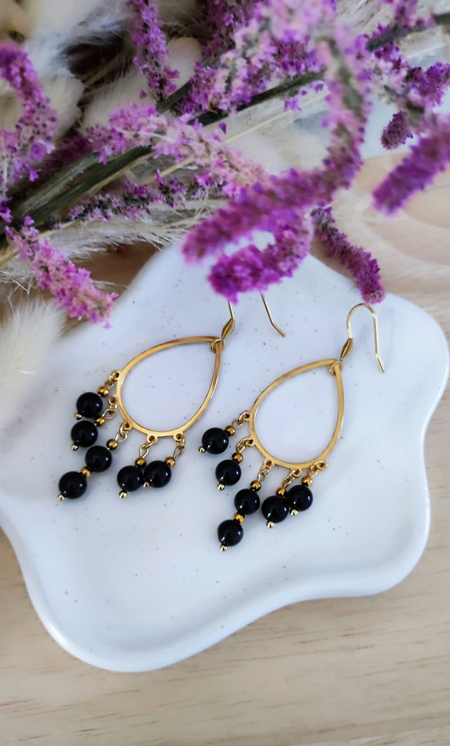 Boucles d'oreilles "Bohème" Obsidienne dorée