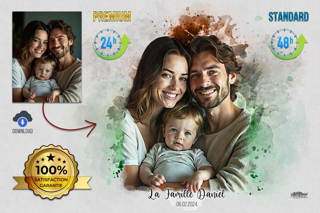 Portraits personnalisés à l'aquarelle d'après photo – Cadeau unique pour famille et amis – Livraison numérique rapide 24h/48h