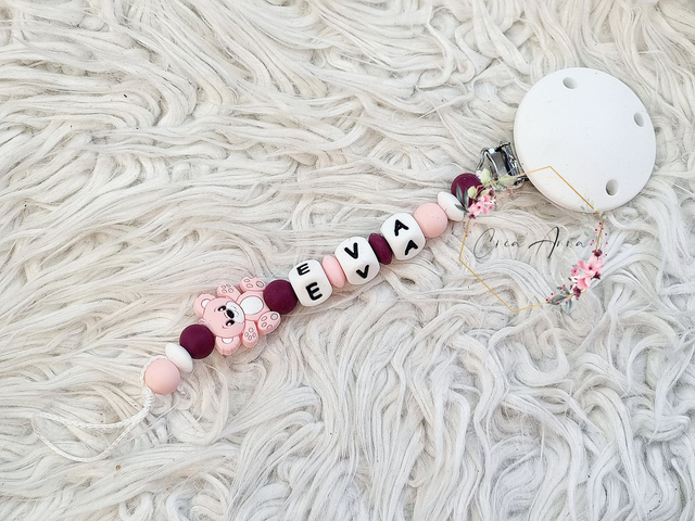 Attache-tétine ourson rose