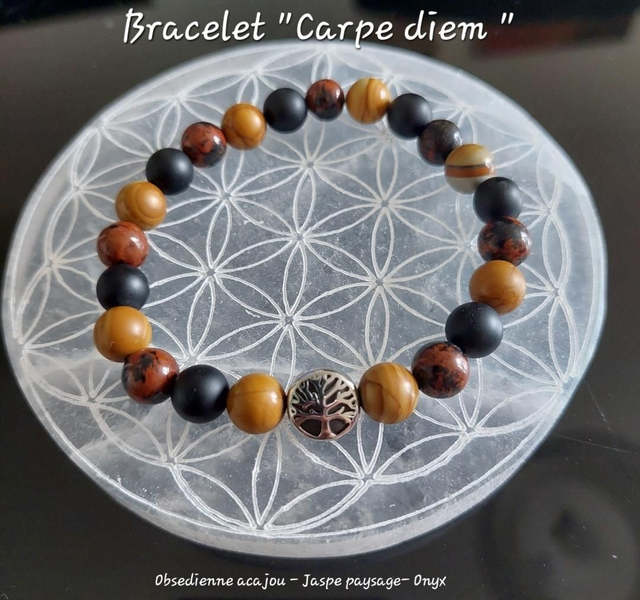  Bracelet unisexe “Terre d’Équilibre” – Obsidienne Acajou, Jaspe Paysage &amp; Onyx – Bijou artisanal sur élastique