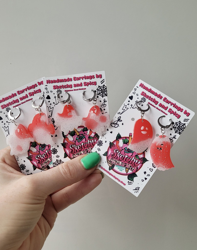 Earrings | Red and White Bloody Ghost Earrings with Silver Glitter | Stainless Steel Leverback Hoops