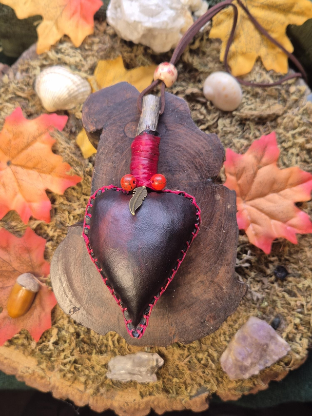 Dyed Reindeer with a Feather Charm Shamanic Necklace Rattle