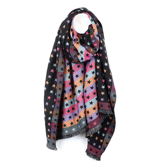 Black and Multi Stars Jaquard Scarf