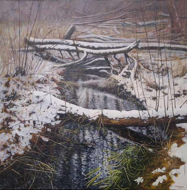 Zimowy potok w Kijanach, 100x100 olej płótno 2018 oprawiony