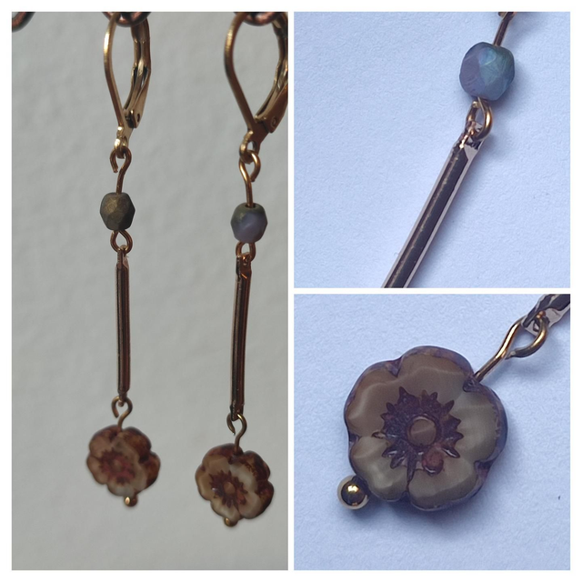 Z-Dormeuses fleurs en verre beige et violine en acier inoxydable doré -sans nickel,pièce unique 