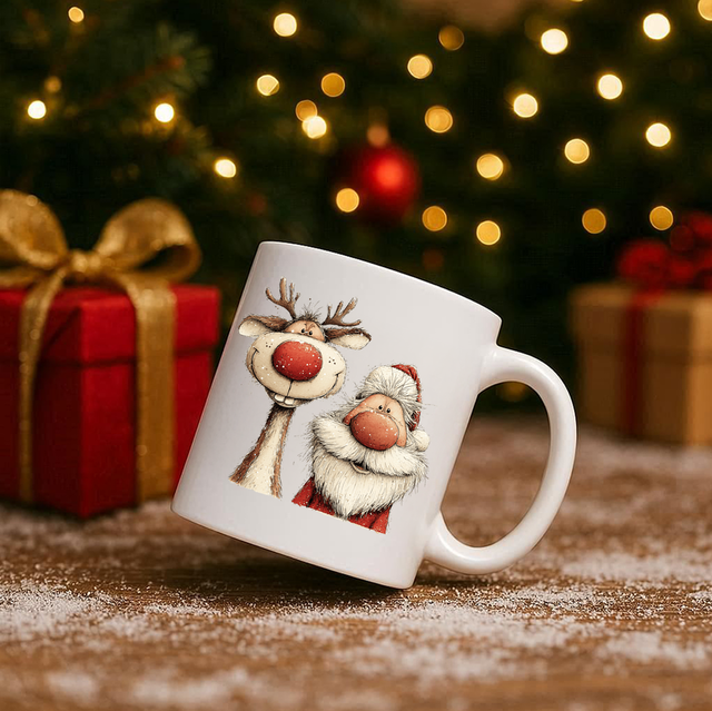 Vintage Santa &amp; Reindeer 11oz Ceramic Printed Mug Design 1