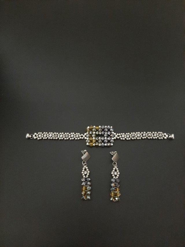 Parure bracelet - boucles d&#039;oreilles gis - argenté  tissée en perle cristal fermoir magnétique cadeau pour elle 		