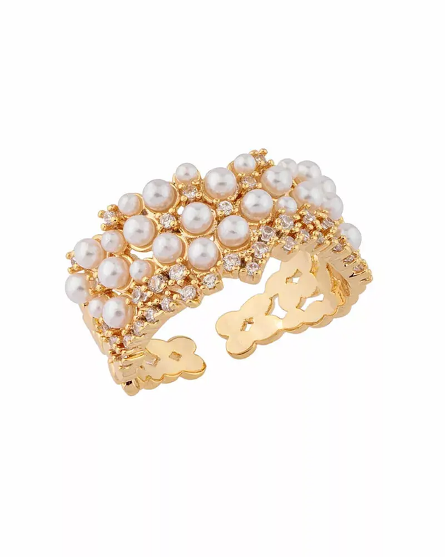 Anel Mini Pérolas e Zircônias Ajustável N.20 – Ouro