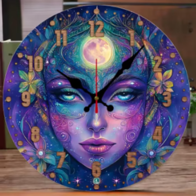 Ronde wandklok van hout Kosmisch Bloemengezicht (25cm)