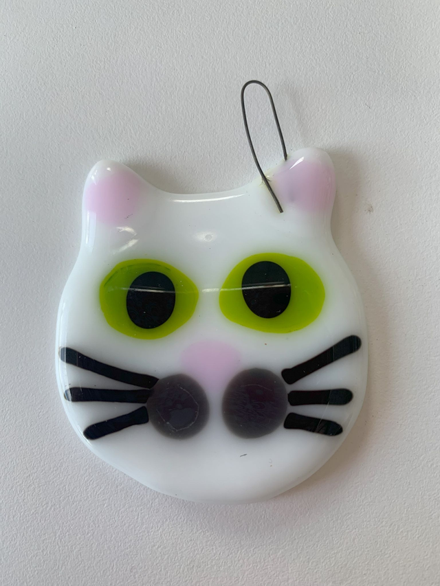 Hand Crafted Fused Glass Cat Hanging Decoration Gift in White, Black or Orange