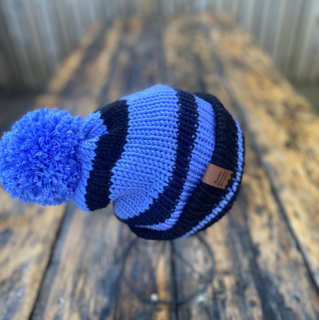 Funky Chunky Bobble Hat - Cornflower Blue &amp; Black - Handmade in Scotland