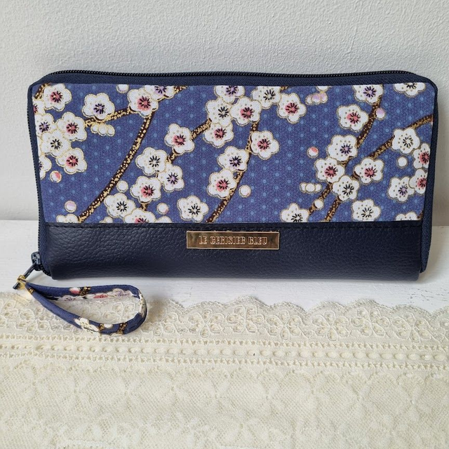 Portefeuille long zippé "Haruka" bleu & simili cuir bleu marine