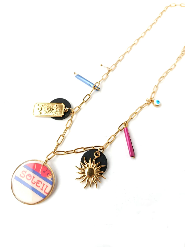 Collier à Breloques Upcyclé Carte de Tarot, Chambre à Air &amp; Aluminium Recyclés - Soleil