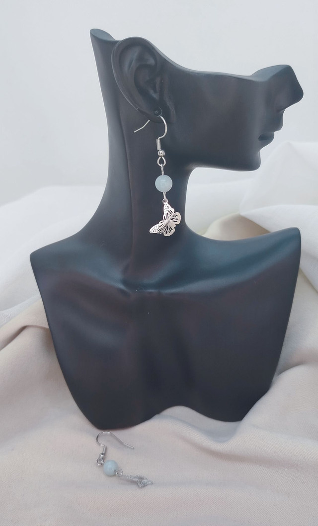 Boucles d'oreilles crochets en acier inoxydable ornées d'une pierre naturelle amazonite et d'un pendentif "papillon"
