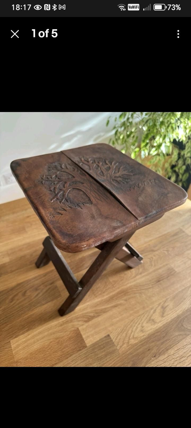Vintage embossed leather topped folding stool 