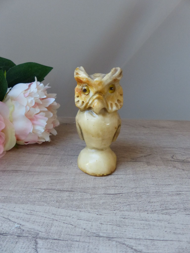 Sculpture Figurine hibou chouette en albâtre fait main espagnol alabastros alvear, Vintage 1960, ancienne statuette hibou pierre sculptée