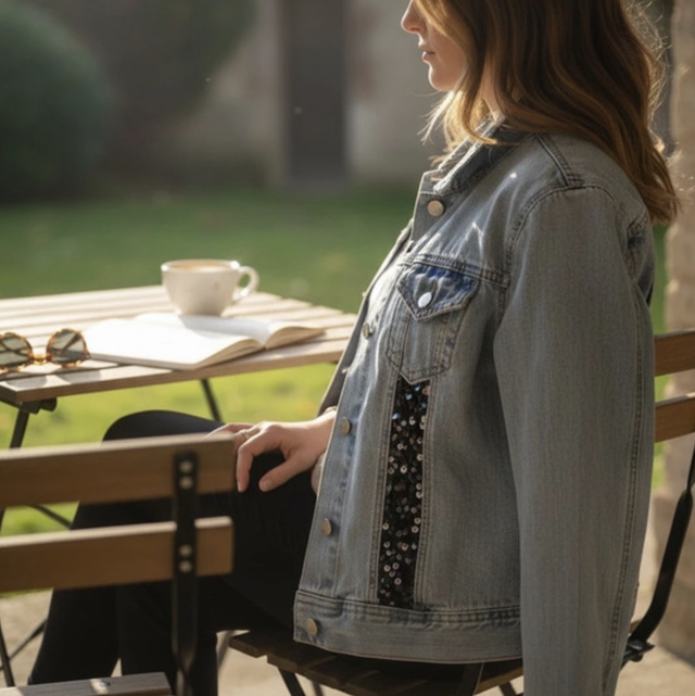 Veste en jean customisée sequins taille L