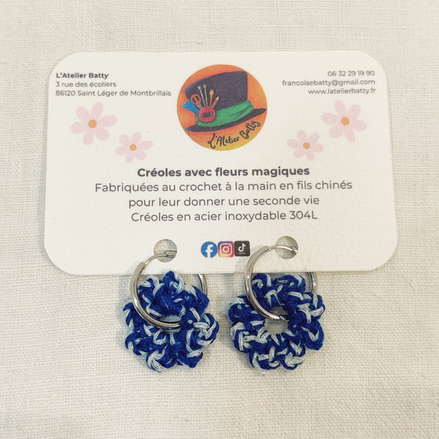 Créoles argentées Pampillettes Bleues marines et blanches paillettes