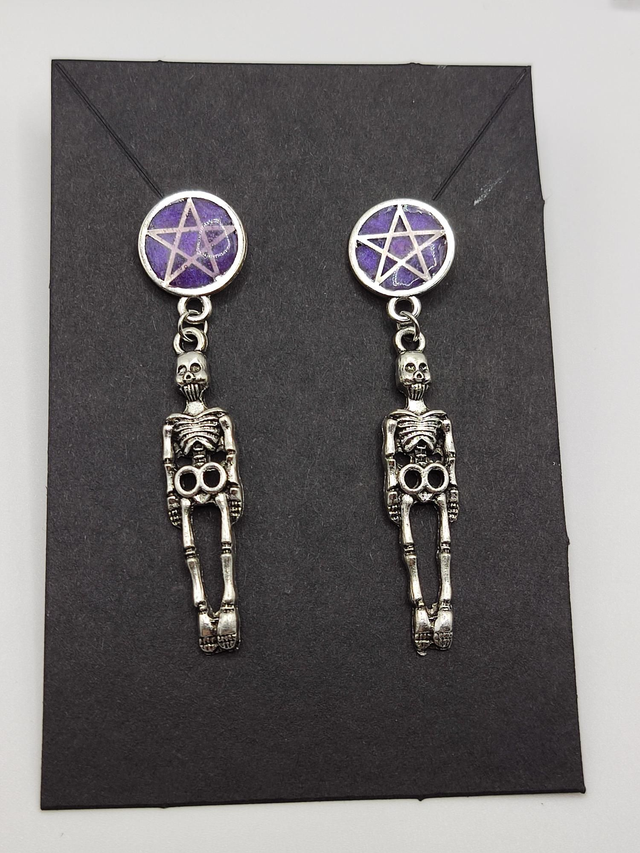 Skeleton Pentacle Stud Earrings Handmade
