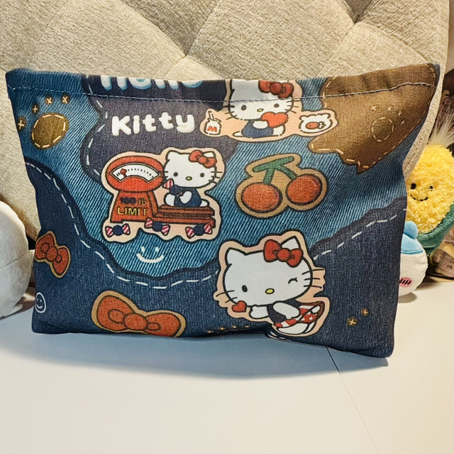 Cute Handmade Denim Kitty pattern design zip bag