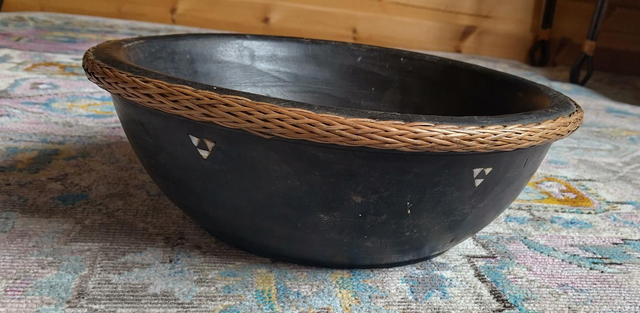 Early / mid 20th century ethnic fruit bowl with wicker edging & mother of pearl inlay