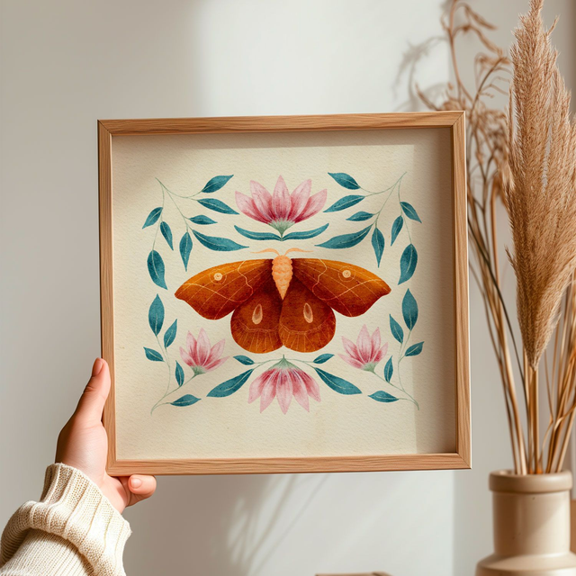 Affiche carrée illustrée 21 cm &quot;Papillon sur fond beige&quot; 