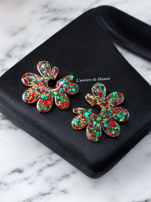 Boucles d&#039;oreilles &quot; Julia &quot;  en résine et paillettes pour femme, tendance 