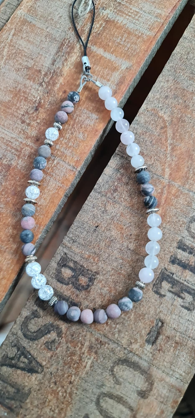 BIjoux de portable lepidolite et quartz rose