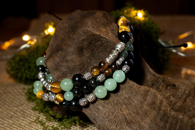 Bracelet triple Aventurine, obsidienne noire et Oeil de tigre