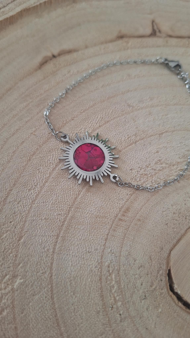 Bracelet soleil argenté rose+paillettes roses