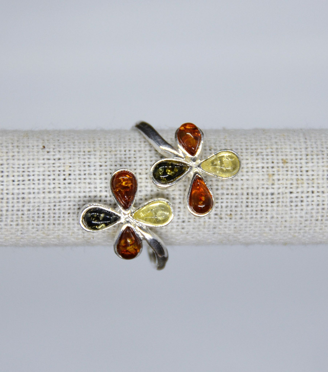 Bague fleurs Argent &amp; Ambre baltique réglable