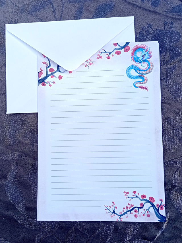 Papier à lettres et enveloppes – Dragon japonais & cerisiers en fleur