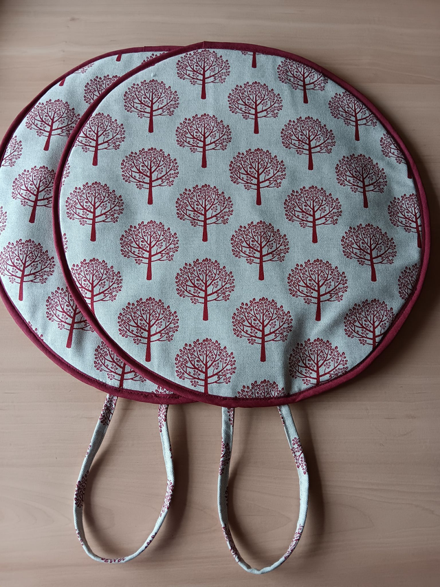 Pair of Beige Aga Lid Covers with Red Mulberry Trees Print Fabric and Burgundy binding