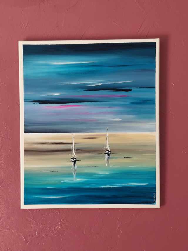 tableau Moderne art contemporain - marine colorée bateaux voiliers - fluo