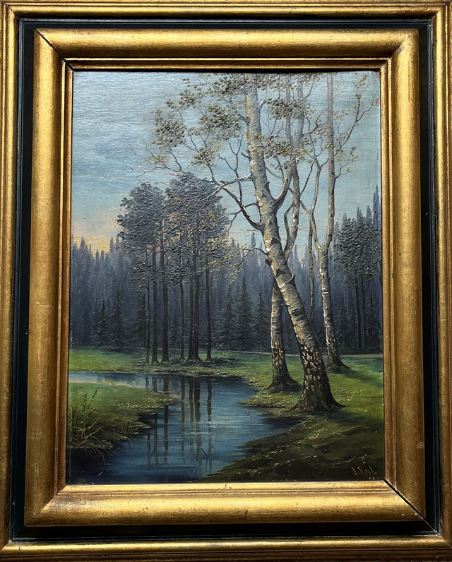 Antikes Ölgemälde E. Noack – Birken am Bach / Waldlandschaft – Öl auf Platte? gerahmt