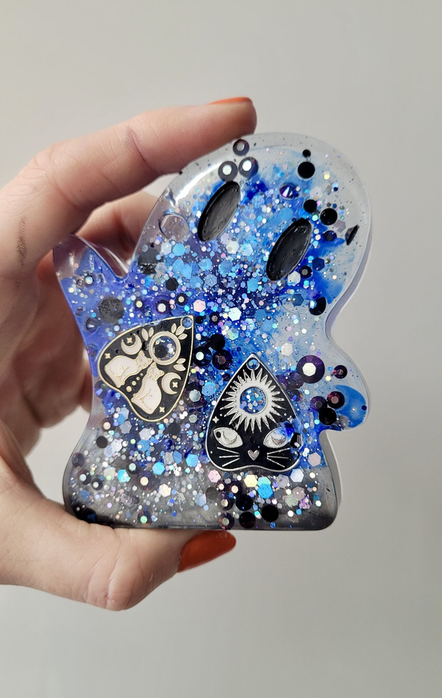 Ghost Ornament - Cat Planchette Ghost with Blue and Black Glitter 
