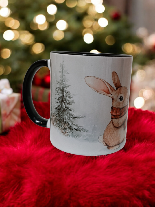 Tasse en Céramique Lapin & Bonhomme de Neige – Illustration Hivernale Douce et Magique