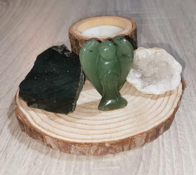 Bougeoir bois,Ange Aventurine, Géode de calcite, Labradorite 