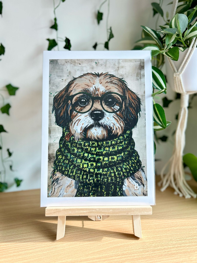 Shih Tzu Dog In Glasses Mixed Media Art Print A4