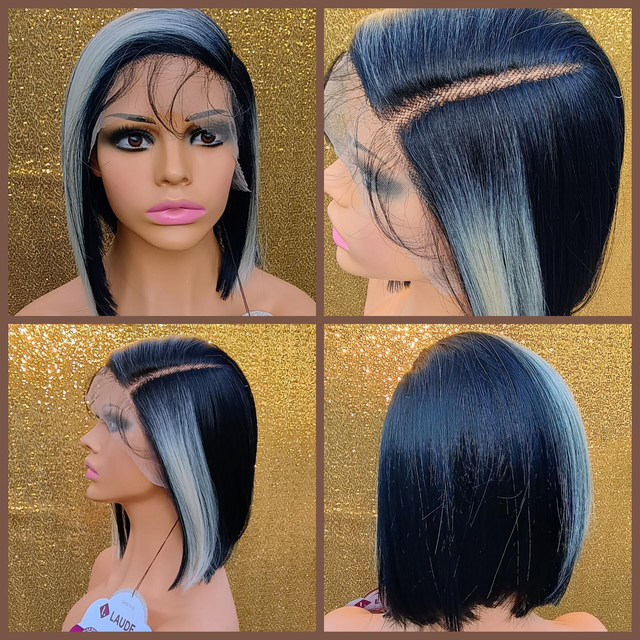 Side Part Lace Front Blue and Platinum Blonde Bob With Baby Hair