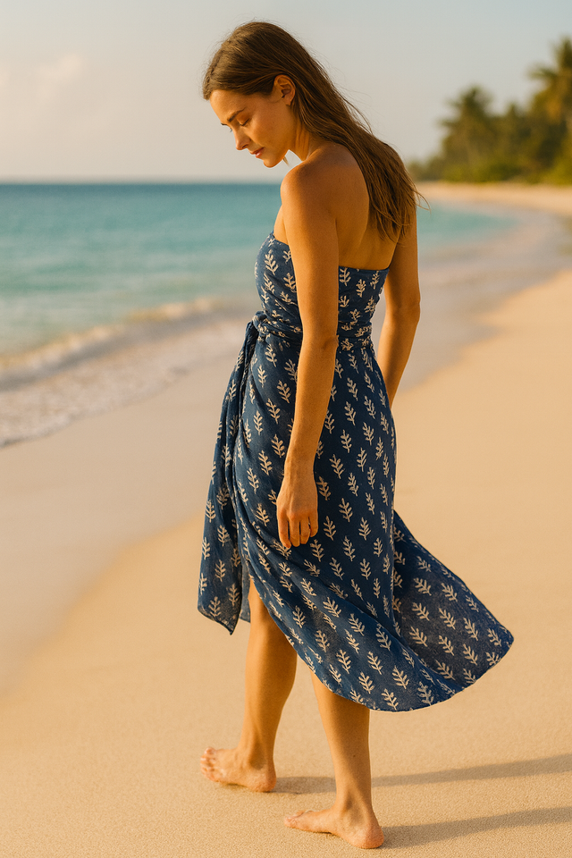 Pareo Une Branche — Indigo Block Print Artisanal | 172 × 109 cm