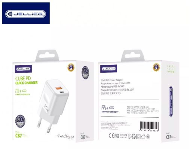 Adaptateur secteur double ports USB et USB-C/Type C (20W) avec cable Type C vers Lightning JELLICO C87 AR0019182